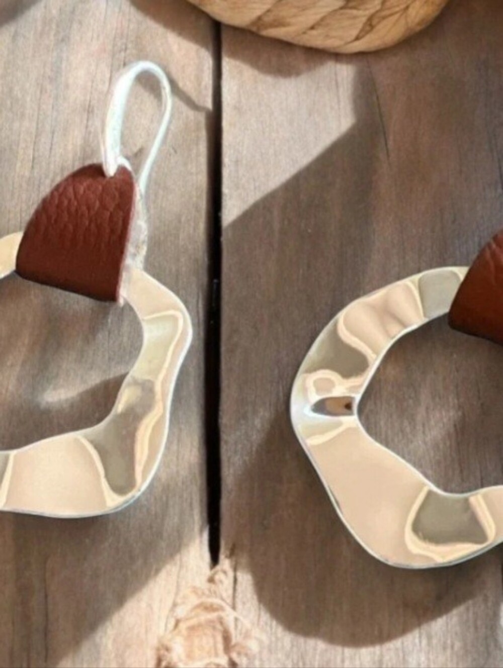 Geometric Swirl Hammered Silver-Tone Drop Earrings with Brown Leather Detail